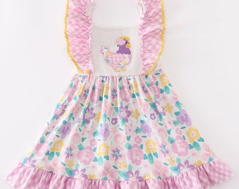 Girls Applique Floral Ruffle Hen Dress