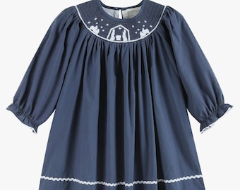 Girls Navy Smocked Nativity Christmas Dress