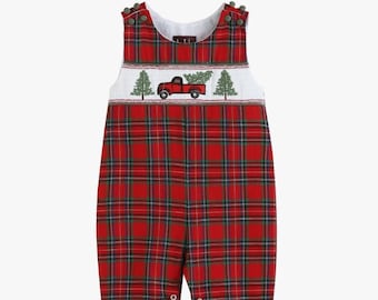 Boy&#39;s Red and Green Plaid Smocked Christmas Tree Truck Jon Jon Romper