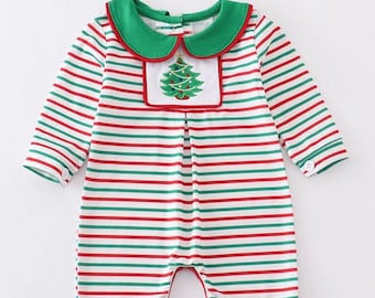 Boys Striped Christmas Tree Embroidered Romper