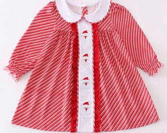 Girl’s Red and White Striped Santa Embroidered Dress