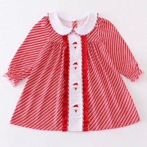 Girl’s Red and White Striped Santa Embroidered Dress
