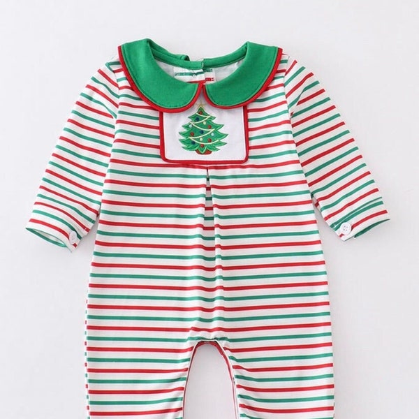 Boys Striped Christmas Tree Embroidered Romper