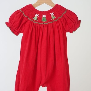Girls Red Hand Smocked Christmas Tree Playsuit Bubble