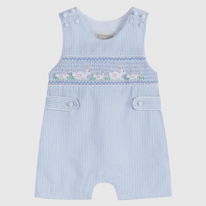 Blue Seersucker Easter Bunny Smocked Shortall