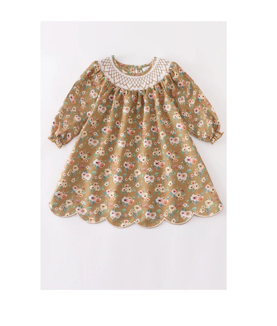 Girls Yellow Floral Smocked and Scalloped Dress