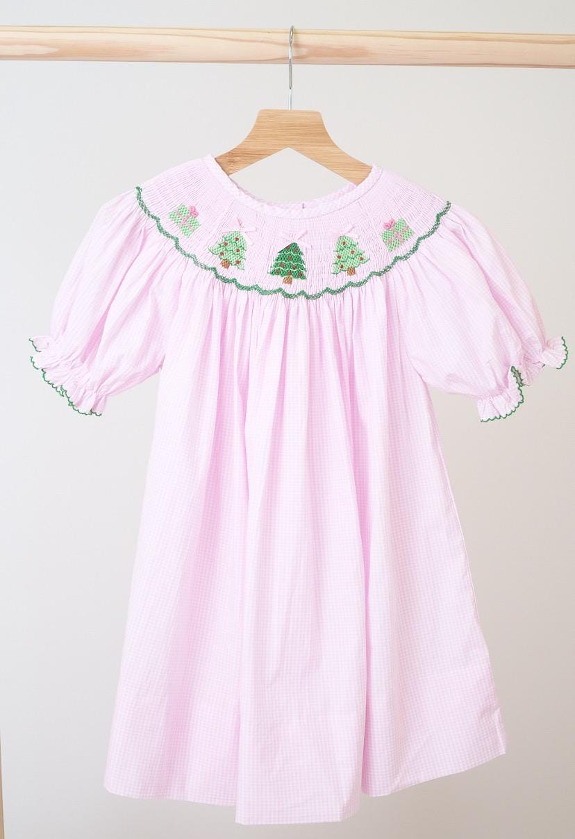 white christmas dresses Pink Christmas Print Smocked Bishop Dress – Classic Whimsy main image 0