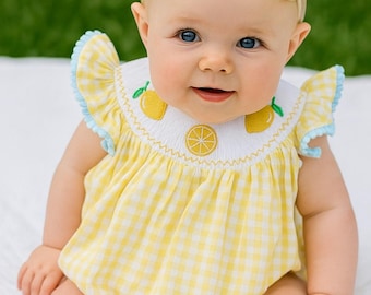 Baby Girl&#39;s Yellow Gingham Lemon Smocked Flutter Sleeve Bubble Romper