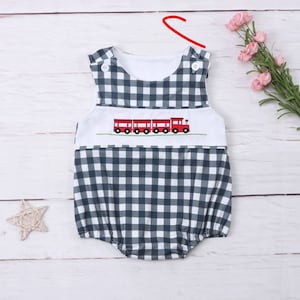 Baby Boys Navy Embroidered Train Bubble