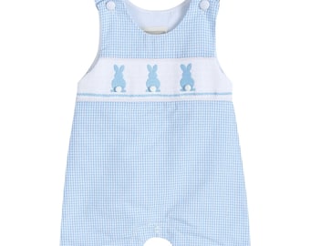 Blue Gingham Easter Bunny Smocked Shortall