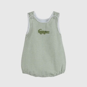 Baby Boys Green Gingham Embroidered Alligator Bubble Romper