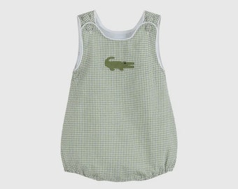 Baby Boys Green Gingham Embroidered Alligator Bubble Romper