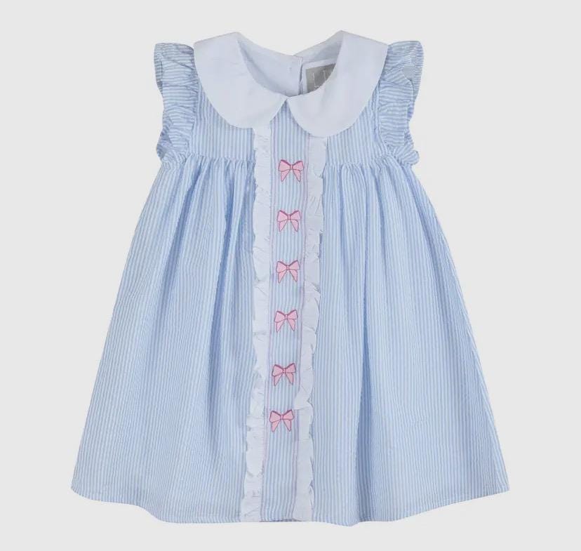 Light Blue and Pink Bow Smocked Peter Pan Dress
