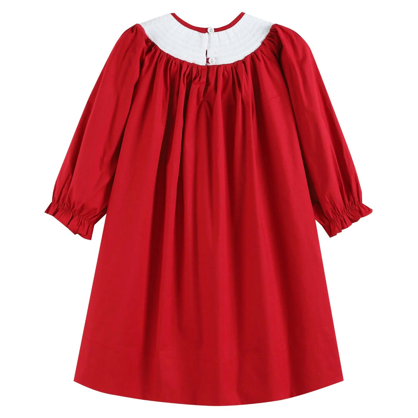 long sleeve smocked christmas dresses Red Poplin Santa Bishop Dress Lace