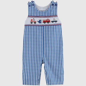 May include: Blue and white gingham overalls with an embroidered design of a fire truck, ambulance, helicopter, and police car.