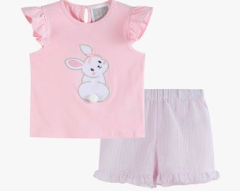 Pink Cotton Tail Easter Bunny Seersucker Shorts Set