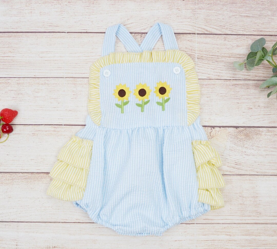 Blue Seersucker Pleated Front Bubble by Rosalina Baby main image 0