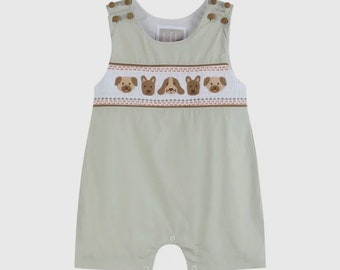 Baby Boys Puppy Dog Smocked Shortall Romper