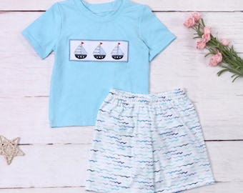 Boys Embroidered Sailboat Shorts Set