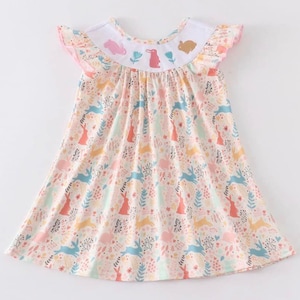 Girl&#39;s Pastel Yellow Embroidered Bunny Dress