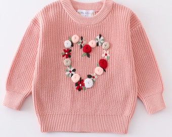 Pink Floral Heart Hand Embroidered Sweater