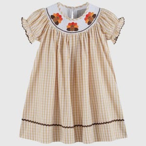 Girl&#39;s Brown Fall Gingham Thanksgiving Smocked Turkey Dress