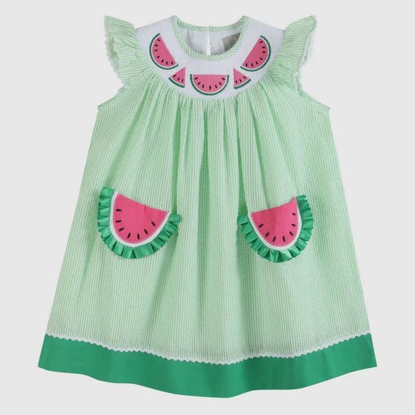 Girls Green and Pink Watermelon Pocket Bishop Dress