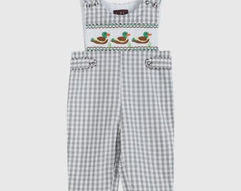 Baby Boys Grey Gingham Duck Smocked Longall Overall Romper
