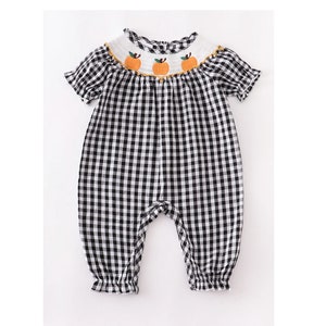 Smocked Black Gingham Fall Pumpkin Romper
