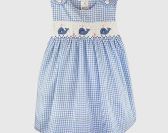 Girls Blue Beach Whale Smocked Sundress with Bloomers