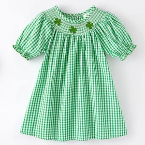 Girl&#39;s Green Clover Smocked Dress