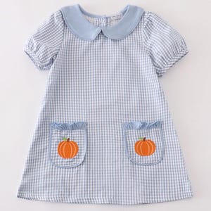 Girls Blue Embroidered Fall Pocket Pumpkin Dress