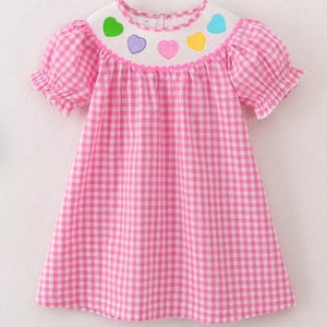 Girls Pink Plaid Embroidered Heart Ruffle Dress