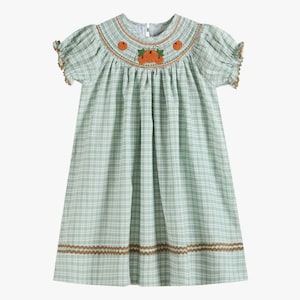 Girl&#39;s Sage Green Smocked Fall Pumpkin Dress