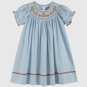 Smocked Pumpkin Dress in Blue Gingham - Fall, Thanksgiving