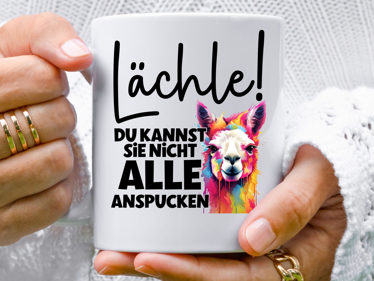 Alpaka, Lama Tasse mit Spruch Lächle! Du kannst sie nicht alle