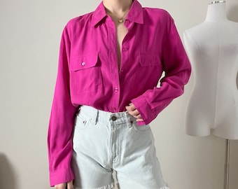 vintage 90s rosa fucsia seda cuello botón camisa blusa top por Anna y Frank