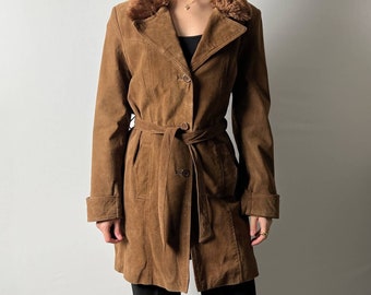 vintage camel brown suede leather faux fur collared button belted trench coat jacket by french connection