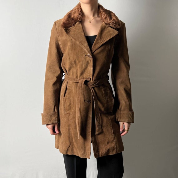 vintage camel brown suede leather faux fur collar… - image 1