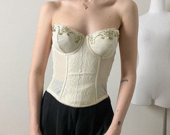 y2k cream ivory floral lace beaded bustier strapless top