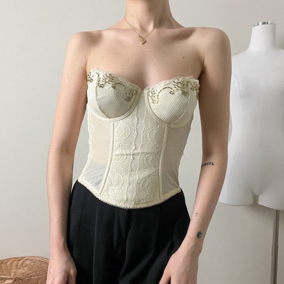 y2k cream ivory floral lace beaded bustier straple