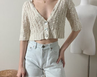 vintage y2k cream beige knit v neck cropped cardigan sweater crop top by love change