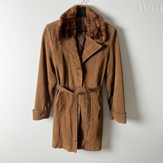 vintage camel brown suede leather faux fur collar… - image 8