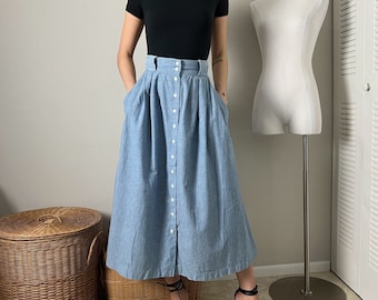 vintage 80s blue chambray high waisted button maxi skirt by this one's for you