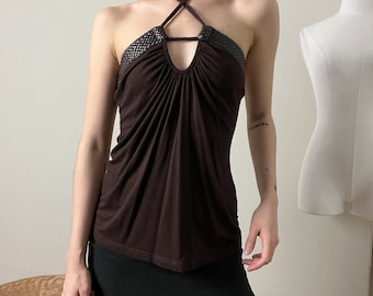 vintage y2k brown boho faux leather braided trim strappy halter neck top blouse by ya