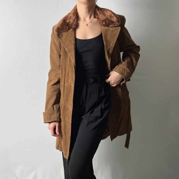 vintage camel brown suede leather faux fur collar… - image 2