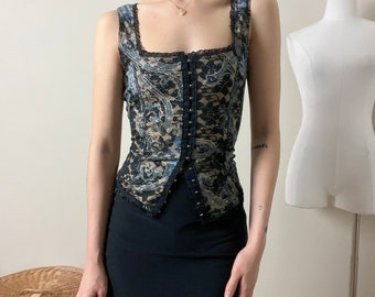 vintage y2k black blue floral lace hook eye bustier corset tank top by koji yohji