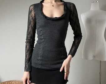 vintage y2k fuzzi jean paul gaultier gray ribbed wool scoop neck sheer lace long sleeve sweater top