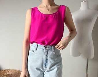 vintage 80s hot pink silk sleeveless blouse tank top by silk land