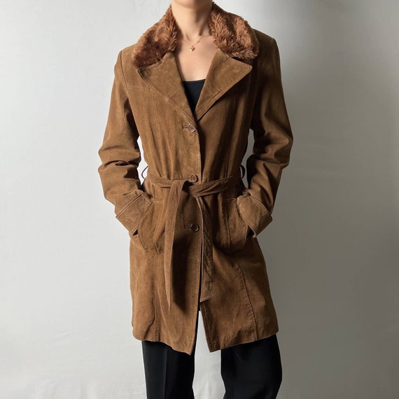 vintage camel brown suede leather faux fur collar… - image 4
